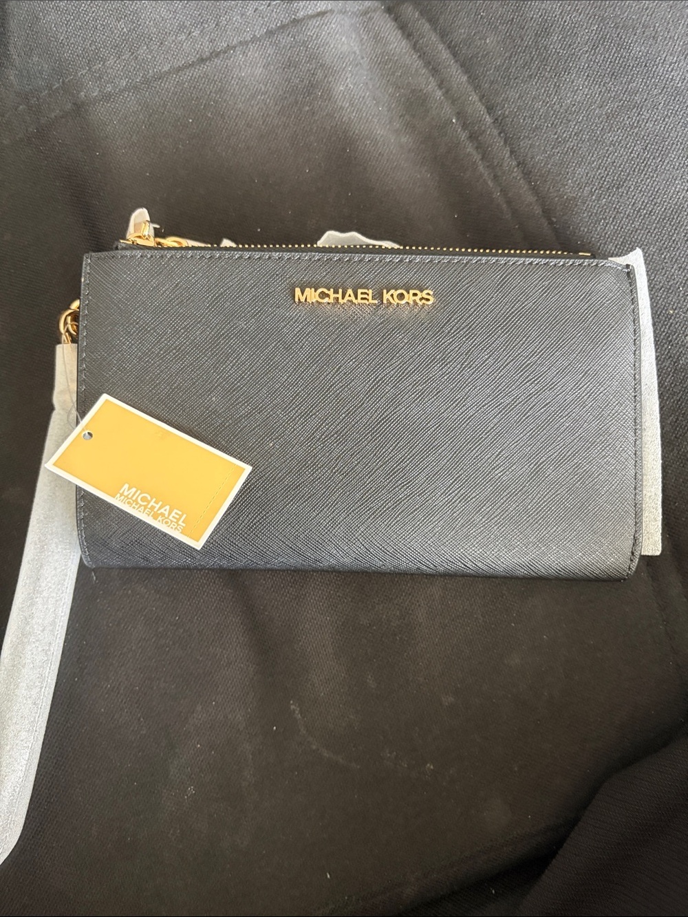 Michael Kors Black Saffiano Zip-Around Wristlet Wallet with Gold Logo